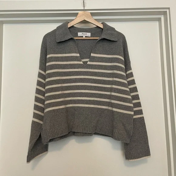 Madewell Gray and Cream Striped V-Neck Sweater - Picture 1 of 5